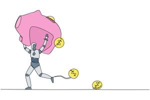 Single continuous line drawing robot running lifting piggy bank on shoulders. Dollar symbol coin falling. Algorithms detect financial leaks. Save it immediately. One line design illustration vector