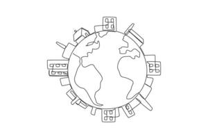 Continuous one line drawing buildings surround edge of the globe. Industrial area. Mostly there is pollution. Take care of the earth as best as possible. Single line draw design illustration vector