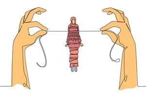 Single one line drawing Arab businesswoman standing and tied by rope held by 2 giant hands. Used as business collateral. Trapped in debt. Failed miserably. Continuous line design graphic illustration vector