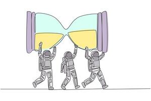 Continuous one line drawing a group of astronauts work together to carrying an hourglass. Classic. Vintage. A reminder of an impending deadline. Spaceman. Single line draw design illustration vector