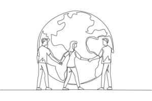 Single one line drawing a group of men and woman standing arm in arm around a globe. Nature lovers community. Preserving environment remains green. Protect. Continuous line design graphic illustration vector