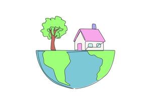 Continuous one line drawing house in the middle of the forest. The air is very cool. Living in the green nature. Unite with nature. World environment day. Single line draw design illustration vector