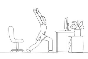 Single one line drawing Arabian woman stands with both hands raised and legs stretched. Stretching movements are much needed before work. Overtime. Hectic. Continuous line design graphic illustration vector