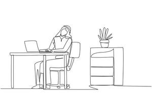 Continuous one line drawing Arab man sitting in work chair typing on a laptop with his head tilted. Stretching. Eliminates stiff neck due to being too busy. Single line draw design illustration vector