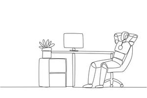 Single one line drawing robot sitting in work chair with his hands behind his head. Relax. See the programming process for making other robots. Technology. Continuous line design graphic illustration vector