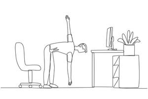 Single continuous line drawing man stands with one hand raised and the other hand holding the tip of leg. Stretch before working overtime on the weekend. Spirit. One line design illustration vector