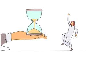 Single one line drawing Arabian businessman excited to get the hourglass from the giant hand. Challenging work. Always enthusiastic about many deadlines. Continuous line design graphic illustration vector