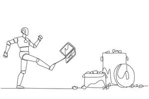 Continuous one line drawing emotional robot kicked laptop into the trash. Many bugs go wrong when programming artificial intelligence. Future technology. Single line draw design illustration vector