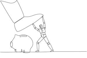 Single one line drawing smart robot holds back giant foot wants to step on piggy bank. Maintain investment value to remain high. Future technology concept. Continuous line design graphic illustration vector
