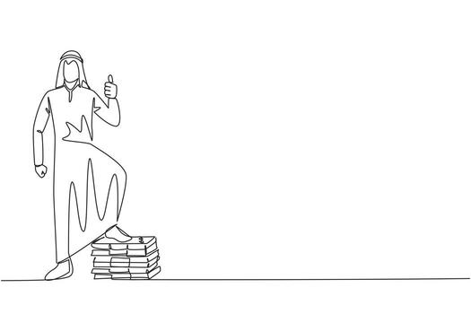 Single continuous line drawing Arabian businessman stands with thumbs up pose and steps on stack of banknotes with one of foot. Marvelous feeling. Multiple profits. One line design illustration vector