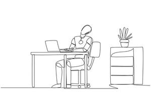 Single continuous line drawing robot sitting in work chair typing on a laptop with his head tilted. Sore. Stiff neck. Programmed similar to humans. Technology. One line design illustration vector