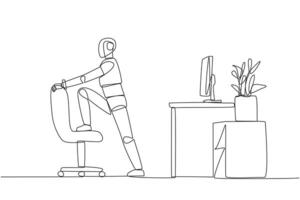 Continuous one line drawing robot stands while lifting one of his legs onto a chair. Robot exercising. Provide online guidance. Artificial intelligence. Single line draw design illustration vector