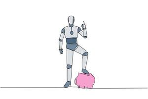 Continuous one line drawing robot stands with thumbs up pose and steps on piggy bank with one of foot. Programmed to be able to manage assets well. Tech. Single line draw design illustration vector