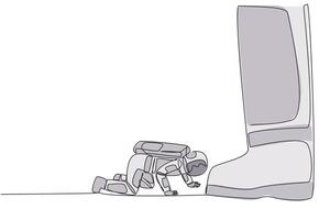 Single continuous line drawing young astronaut kneels and licks giant foot. The attitude of begging desperately to be granted permission for a space expedition. One line design illustration vector