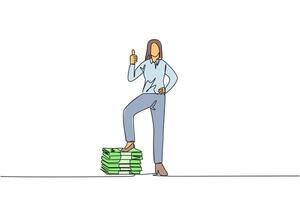 Continuous one line drawing businesswoman stands with thumbs up pose and steps on stack of banknotes. Get a lot of benefits in a short time. Work smart way. Single line draw design illustration vector