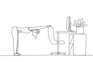 Single continuous line drawing woman bowed while stretching his hand on her work chair. Warm up movements. Light exercise while at the office. Overtime on weekend. One line design illustration vector