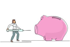 Continuous one line drawing businesswoman holding a big syringe and wants to inject it into a big piggy bank. Helping with finances. Fresh funds. Booster. Single line draw design illustration vector