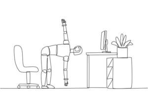 Single one line drawing robot stands with one hand raised and the other hand holding the toe. Robot exercising. Train muscle movements to be more flexible. Continuous line design graphic illustration vector