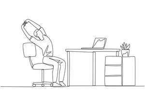 Continuous one line drawing man sitting in work chair while raising both hands. Stretching. Excited to do overtime on weekends. Light exercise during work. Single line draw design illustration vector