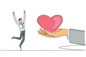 Single one line drawing the businessman is happy to get love from the giant hand. Doing business using heart. Get as expected. Work smarter than before. Continuous line design graphic illustration vector