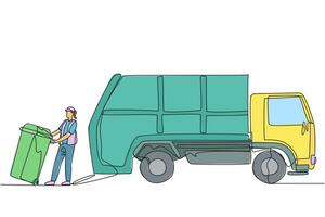 Continuous one line drawing trash woman pulling wheeled trash can towards garbage truck. Using a hat to reduce heat tries to reduce environmental pollution. Single line draw design illustration vector