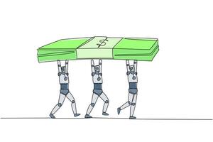 Single one line drawing group of robots working together carrying stack of banknotes. Fund the required research results itself. Future technology concept. Continuous line design graphic illustration vector