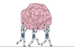 Single continuous line drawing group of robots work together carrying heavy messy circle. Get rid of sadness. Without stress and excessive anxiety. Future tech AI. One line design illustration vector