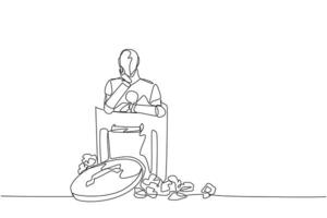 Single one line drawing robot is in the trash. Artificial intelligence is not yet efficient. Unable to detect the danger of fraudulent financial statements. Continuous line design graphic illustration vector