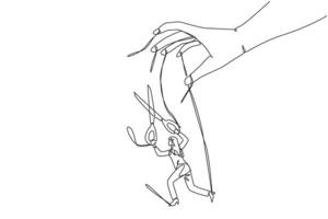 Continuous one line drawing businesswoman walking moved by ropes controlled by giant hands. Cut ropes to escape. Free expression to do business. Freedom. Single line draw design illustration vector