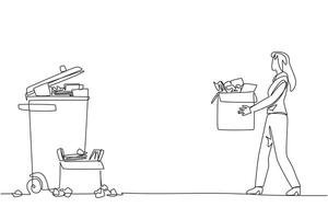 Continuous one line drawing businesswoman carrying a cardboard box full of piles of paper to trash. Throw away piles of incorrect final reports. Revision. Single line draw design illustration vector