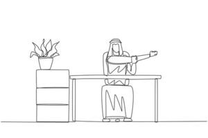 Continuous one line drawing Arabian man sitting in a work chair with his arms crossed. Stretching. Relax for a moment before being busy with work. Overtime. Single line draw design illustration vector