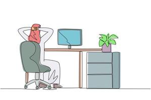 Continuous one line drawing Arab man sitting in chair with hands holding back of head. Off cam. Stretch the neck during online meetings. Listen seriously. Single line draw design illustration vector