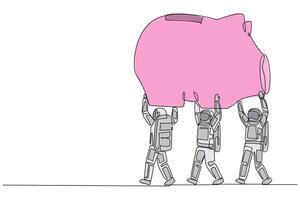 Single one line drawing a group of astronauts work together carrying a piggy bank. Lots of profits to save. Capital for the next space expedition. Spaceman. Continuous line design graphic illustration vector