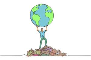 Single continuous line drawing man raises globe with both hands. There is rubbish scattered around. Do the best to save the earth from the abundance of waste. One line design illustration vector