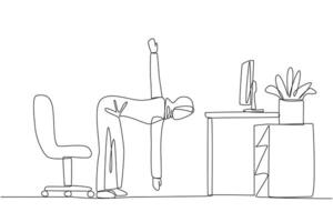 Single one line drawing Arab woman stands with one hand raised the other hand holding tip of leg. Warmup. Exercise while working. Increase focus. Overtime. Continuous line design graphic illustration vector