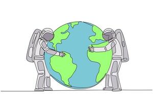 Continuous one line drawing two astronauts standing hugging globe. Take care of each other with all the heart. Keeps earth green. Cosmonaut protect earth. Single line draw design illustration vector