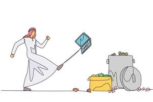 Single one line drawing emotional Arabian businessman kicked the laptop into the trash. Angry at the unprofitable stock value. Haven't made a profit yet. Continuous line design graphic illustration vector