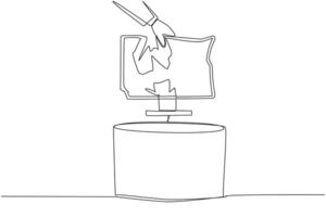 Single one line drawing businessman's hand throws away lcd monitor whose screen is cracked. Uncomfortable on the eyes. Impairs judgment. Broken. Shattered. Continuous line design graphic illustration vector