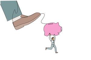 Continuous one line drawing businessman carrying piggy bank run away from giant foot. Saving asset. Save company's future. For a better life in retirement. Single line draw design illustration vector