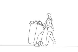 Single continuous line drawing Arabian businesswoman pushing trash can filled with wads of paper. Piling useless files in workspace is not important. Throw away. One line design illustration vector