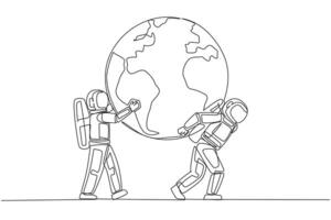 Continuous one line drawing globe is carried by astronaut assisted by others who holds it. Cosmonauts work together to protect the earth. Environment care. Single line draw design illustration vector