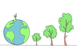 Single continuous line drawing bud grow above the globe. The better the condition of the earth, the better and thicker the trees that grow. World environment day. One line design illustration vector