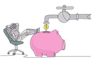 Continuous one line drawing astronaut sit relax on chair to see money faucet flow into savings piggy bank. Donations continue to flow. Cosmonaut deep space. Single line draw design illustration vector