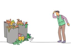Single one line drawing trash man scratched his head looking at several trash cans full. Unhealthy environment. Must be immediately transported to landfill. Continuous line design graphic illustration vector