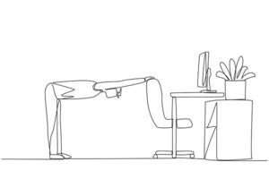 Single continuous line drawing the man bowed while holding his hand on his work chair. Stretch the body. Tense with lots of deadlines. Work overtime on weekends. One line design illustration vector