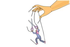 Single one line drawing Arabian businesswoman walking moved by ropes controlled by giant hand. Untangle with scissors. Freedom to move forward for better business. Continuous line graphic illustration vector