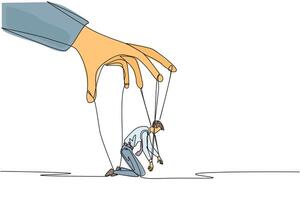 Single continuous line drawing businessman kneeling, entire body bound by ropes controlled by giant hands. Mastered by the mastermind. Confused. Helpless. Puppet. One line design illustration vector