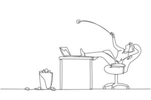 Continuous one line drawing businesswoman sitting in chair throwing wads of paper into trash. Spending time on useless things. Not taking advantage of time. Single line draw design illustration vector