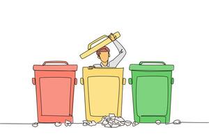 Continuous one line drawing businessman peeking out of trash can, there were lots of wads of paper. Frustration. Disguise so that whereabouts are not known. Single line draw design illustration vector