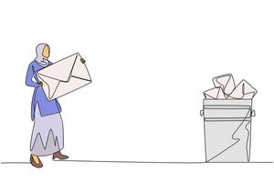 Continuous one line drawing Arab businesswoman throw the large envelope in trash. Delete digital data that is considered unimportant. Prone to data theft. Single line draw design illustration vector